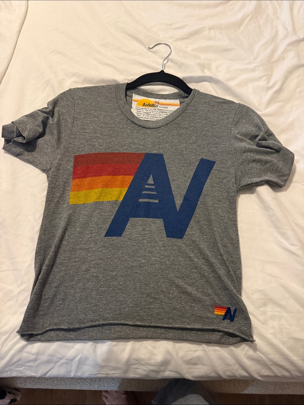 Aviator Nation Women’s Heather Gray Tee with Navy AV Logo and Retro Stripes XS